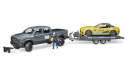 U02504 Pickup RAM 2500 Power Wagon z przyczepą i autem wyścigowym Bruder Roadster 1:16 Bruder