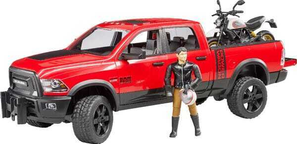 U02502 Pickup RAM 2500 z motocyklem Ducati Desert Sled i motocyklistą 1:16 Bruder