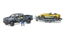 U02504 Pickup RAM 2500 Power Wagon z przyczepą i autem wyścigowym Bruder Roadster 1:16 Bruder