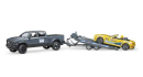 U02504 Pickup RAM 2500 Power Wagon z przyczepą i autem wyścigowym Bruder Roadster 1:16 Bruder