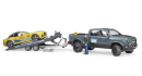 U02504 Pickup RAM 2500 Power Wagon z przyczepą i autem wyścigowym Bruder Roadster 1:16 Bruder