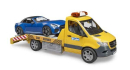 U02675 Mercedes-Benz Sprinter laweta z modułem światło-dźwięk i Bruder Roadster 1:16 Bruder